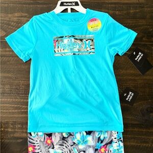 Hurley Kids Aqua Blue Swim Set with Floral Gray Trunks